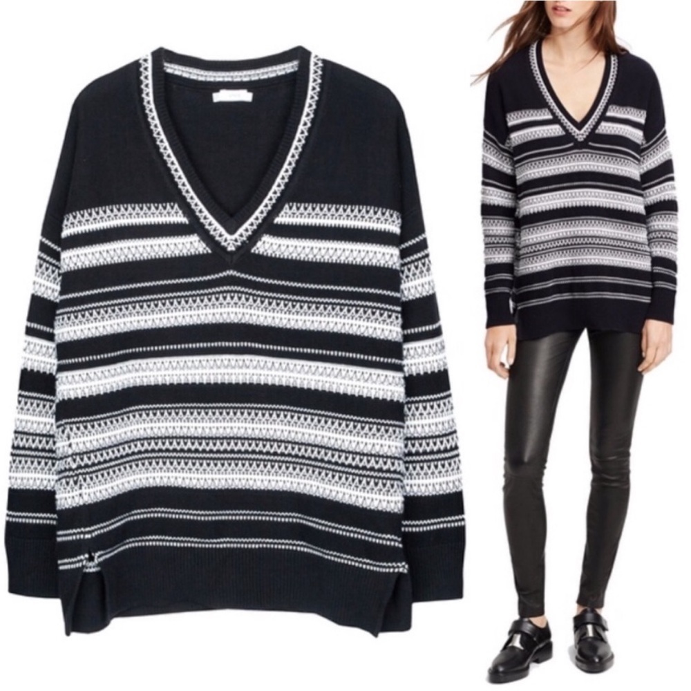 Vince Oversized Textured Striped Black White V-Neck Sweater XS